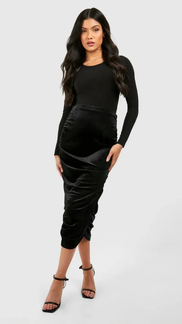 Black Maternity Velvet Ruched Midi Skirt