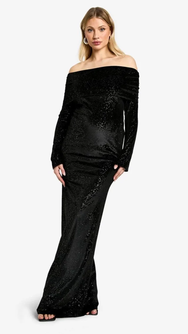 Black Maternity Velvet Sequin Bardot Maxi Dress