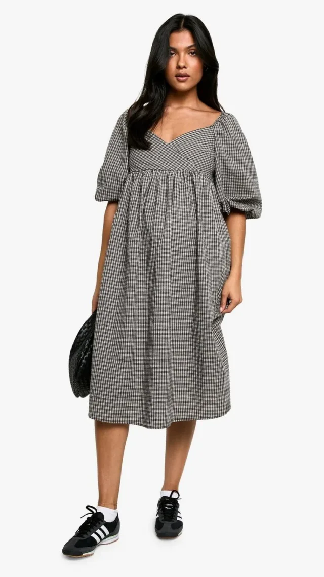 Black Maternity Woven Check Puff Sleeve Smock Midi Dress