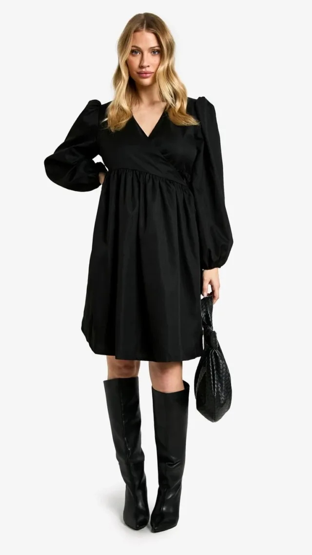 Black Maternity Woven Long Sleeve Wrap Smock Dress