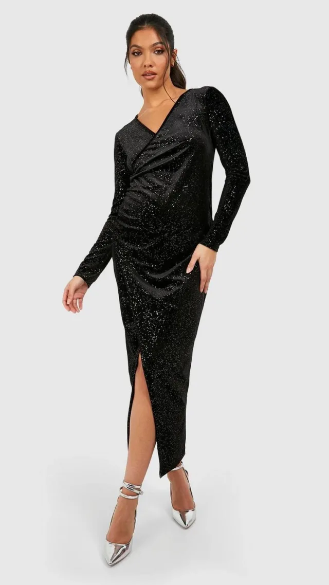 Black Maternity Wrap Over Velvet Midi Dress