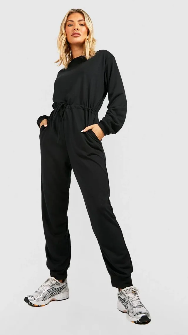 Black Sweat Tie Waist Long Sleeve Jumpsuit