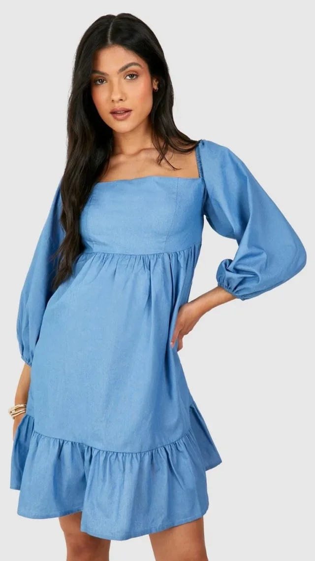 Blue Maternity Chambray Puff Sleeve Smock Dress