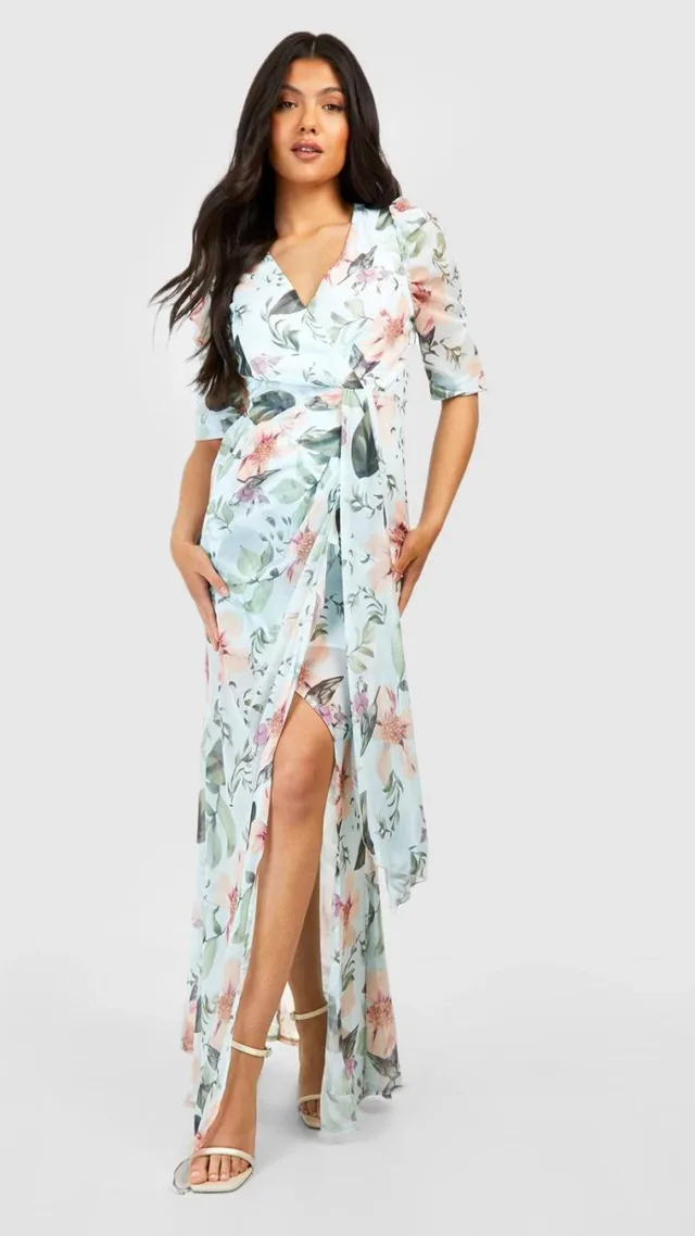 Blue Maternity Occasion Floral Puff Sleeve Maxi Dress