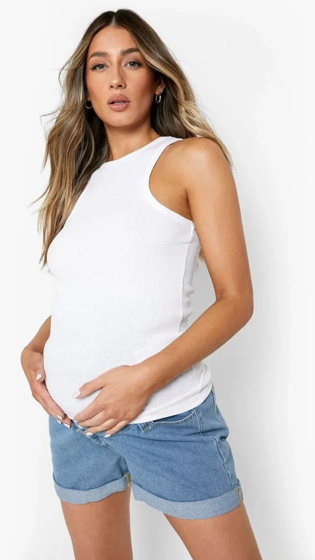 Blue Maternity Over The Bump Roll Hem Mom Shorts