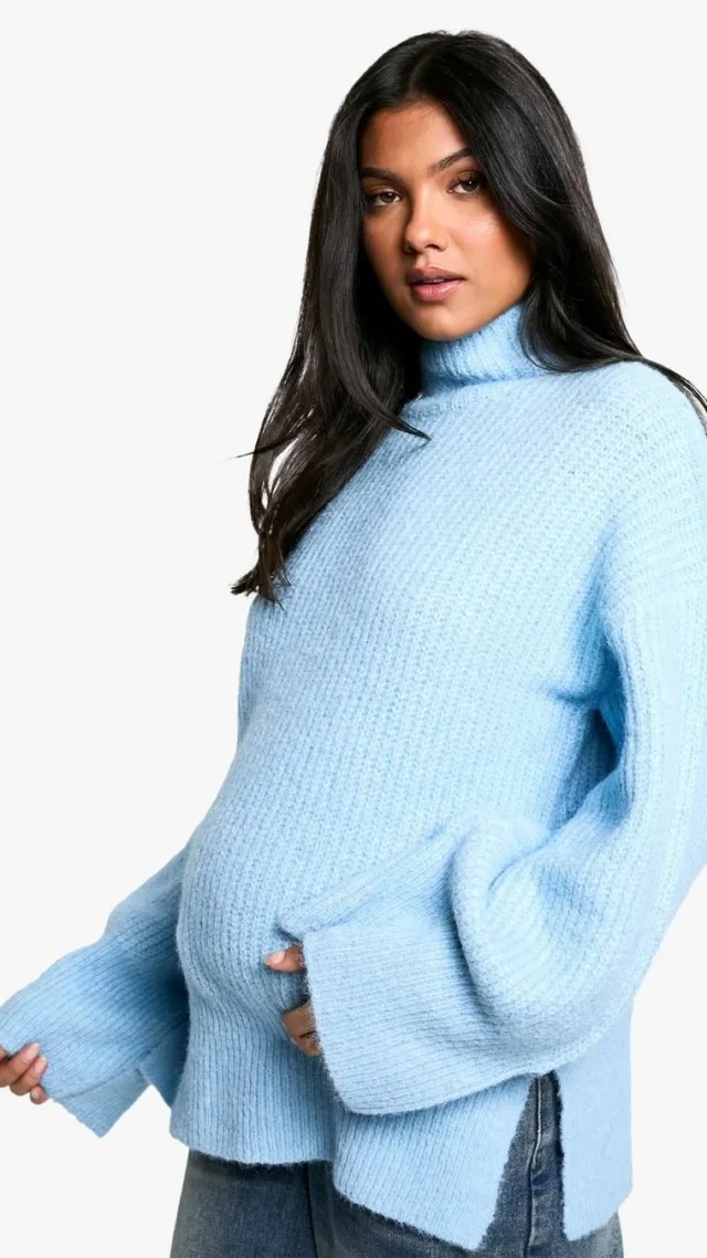 Blue Maternity Oversized High Neck Knitted Jumper