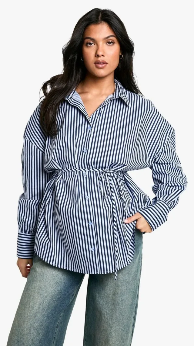 Blue Maternity Oversized Stripe Shirt