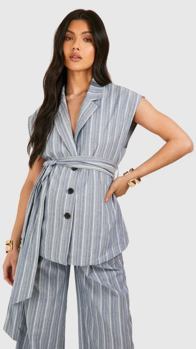 Blue Maternity Stripe Sleeveless Belted Blazer