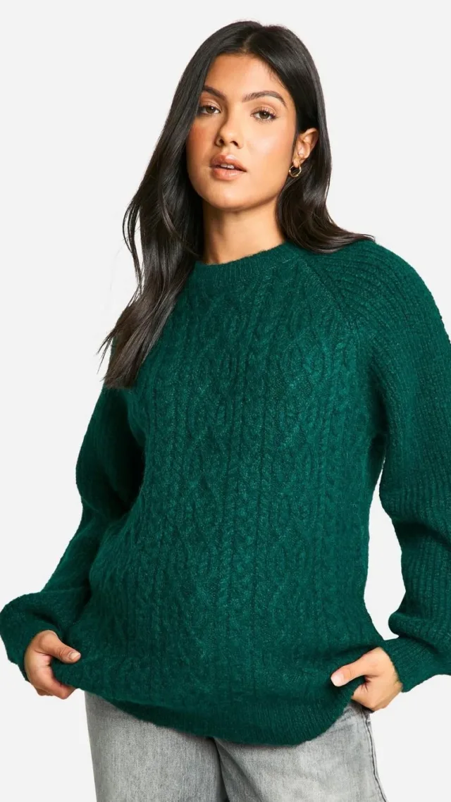 Bottle Green Maternity Cable Knit Oversized Crew Neck Jumper