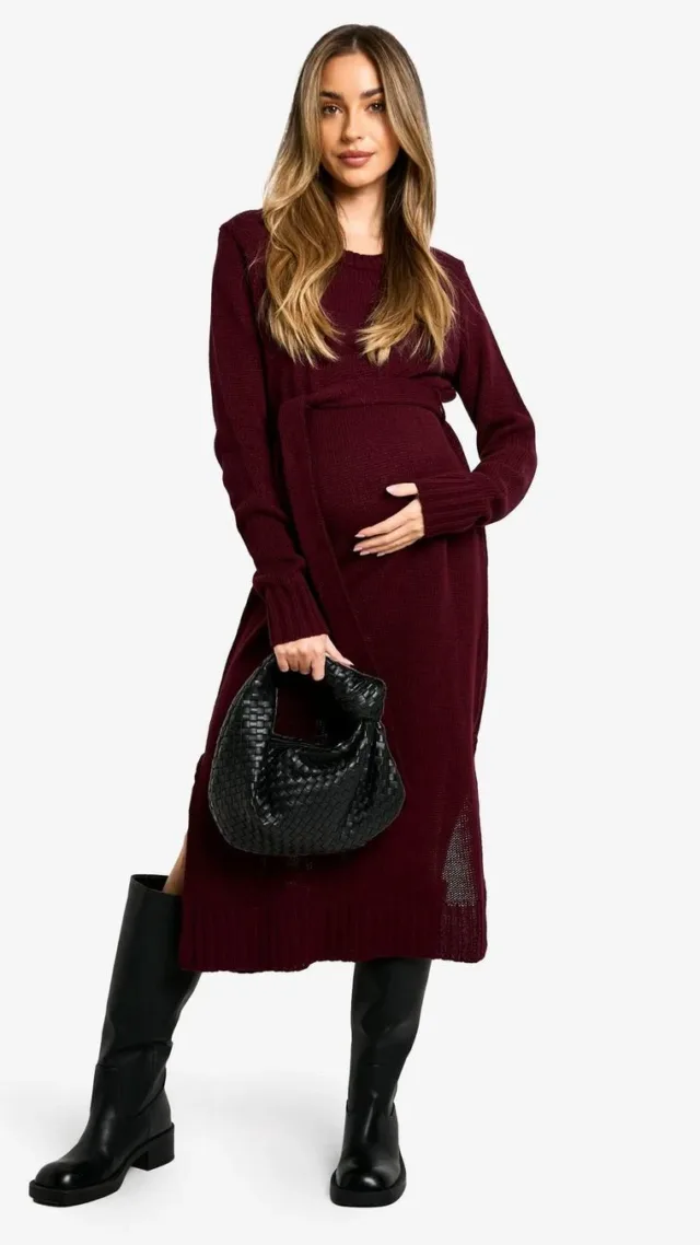 Burgundy Maternity Crew Neck Jumper Midi Dress