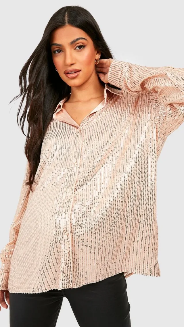 Champagne Maternity Oversized Sequin Shirt