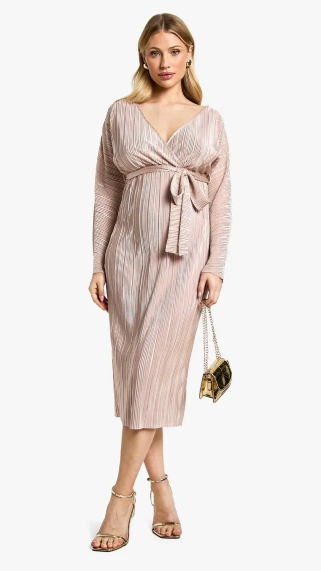 Champagne Maternity Plisse Belted Midi Dress