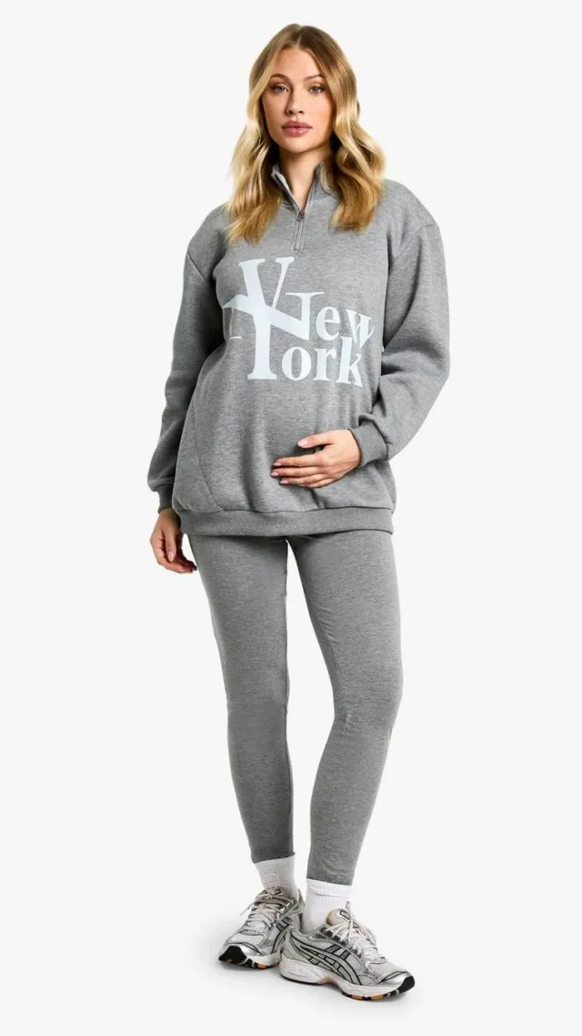 Charcoal Maternity New York Large Graphic Half Zip Legging Set