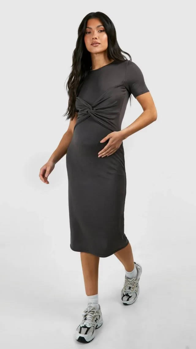 Charcoal Maternity Twist Front Supersoft Bodycon Midi Dress