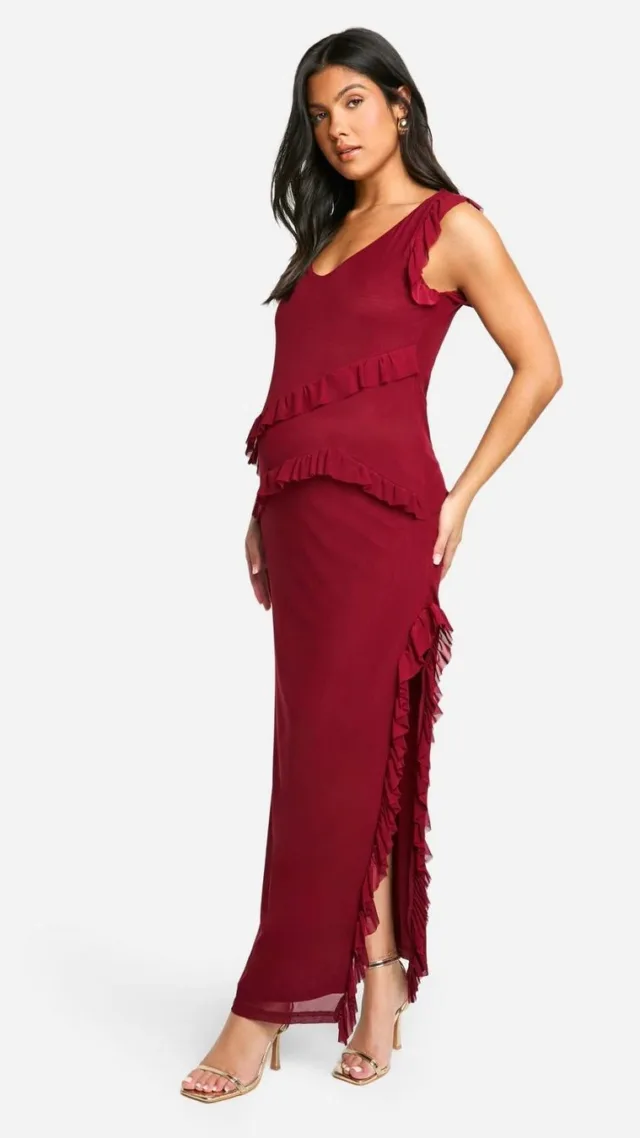 Cherry Maternity Mesh Ruffle Detail Side Split Midaxi Dress