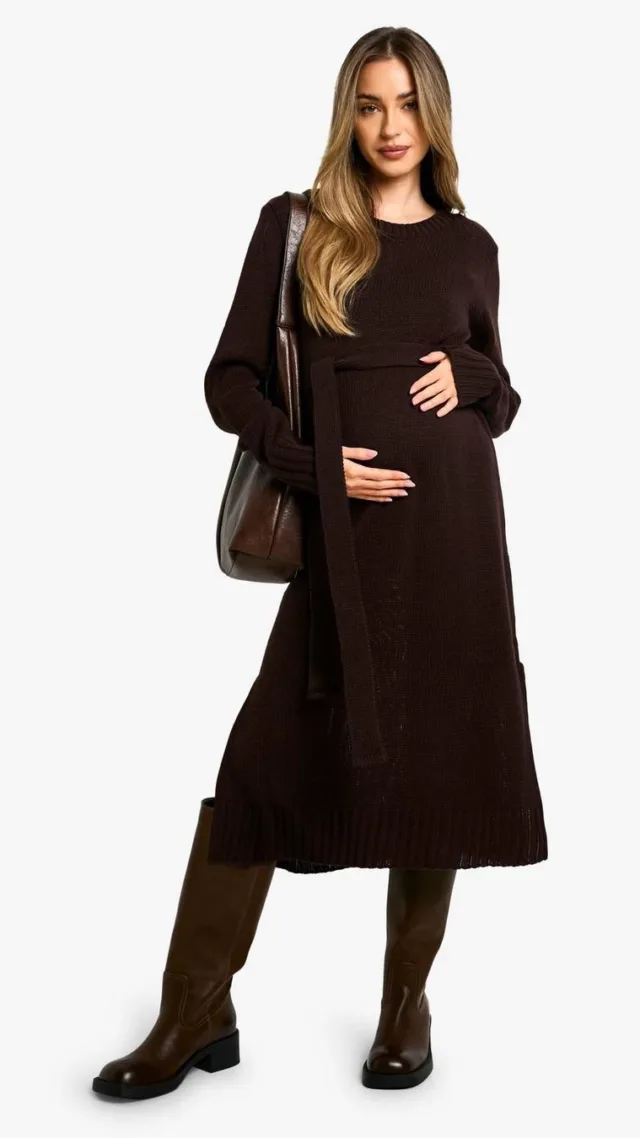 Chocolate Maternity Crew Neck Jumper Midi Dress