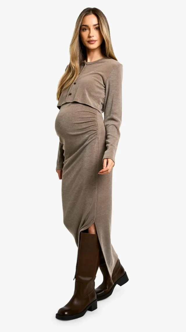 Chocolate Maternity Strappy Side Split Midaxi Dress & Crop Cardigan