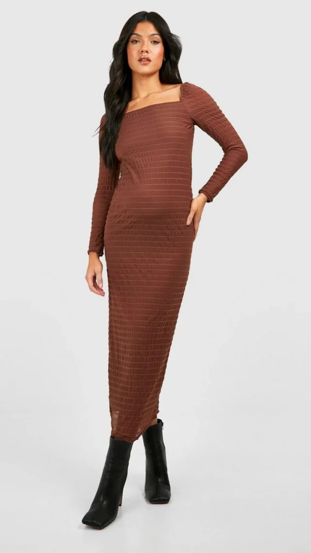 Chocolate Maternity Textured Rib Square Neck Midi Dress