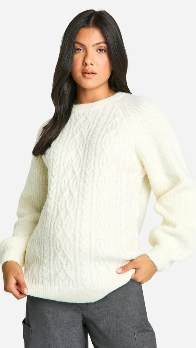 Cream Maternity Cable Knit Oversized Crew Neck Sweater