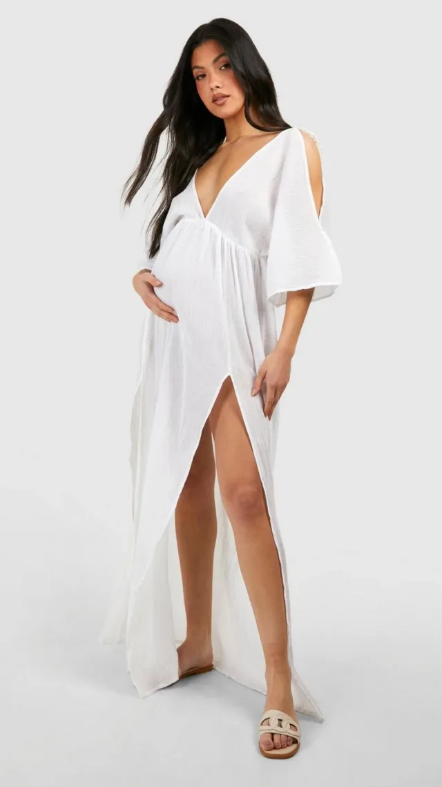 Cream Maternity Crinkle Cold Shoulder Beach Cover Up