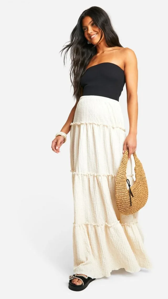 Cream Maternity Textured Tiered Maxi Skirt