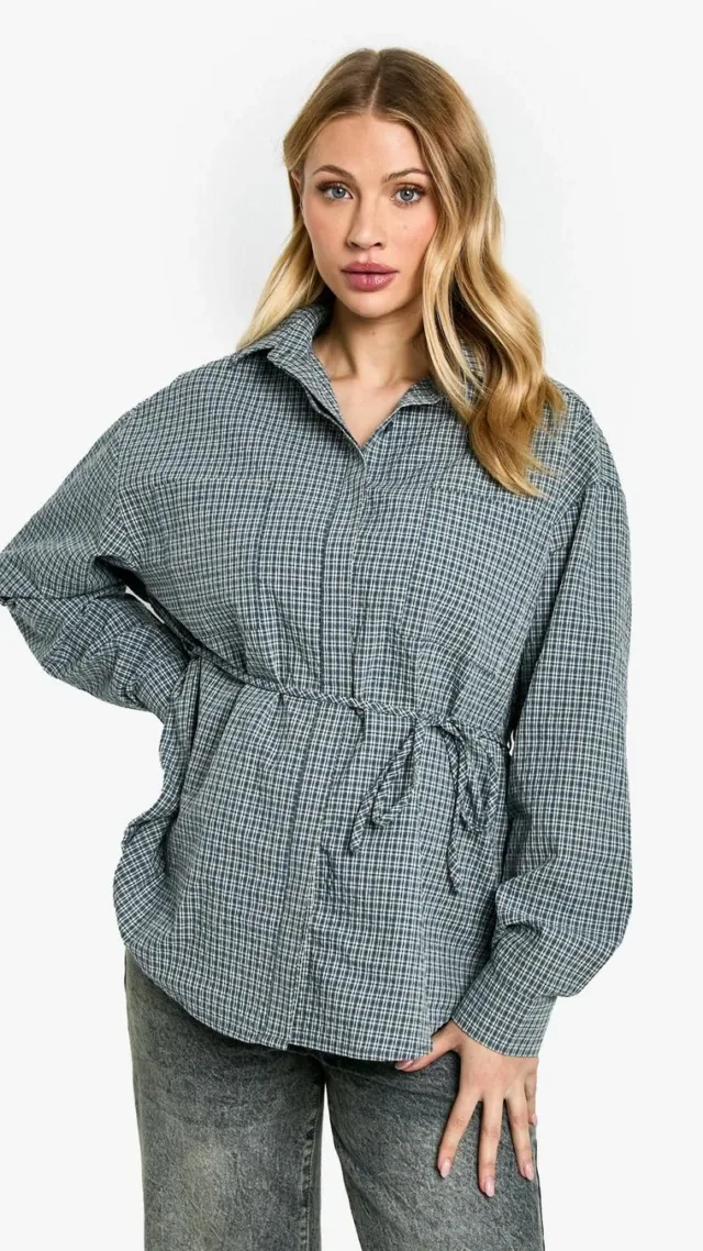 Dark Blue Maternity Oversized Fine Check Shirt