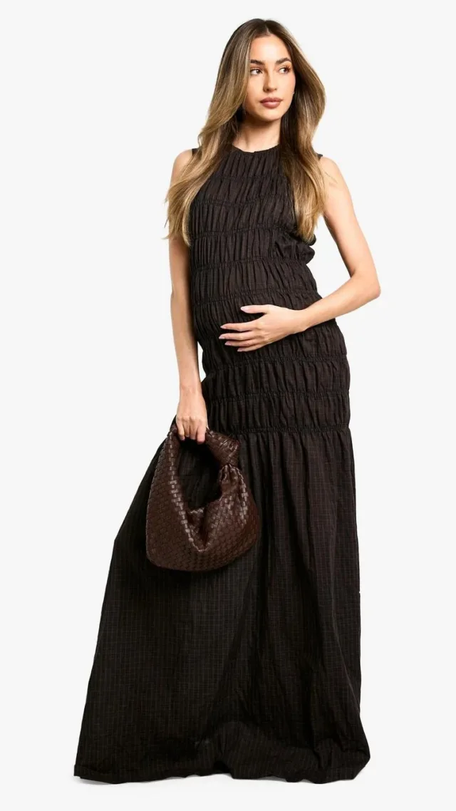 Dark Brown Maternity Shirred Maxi Dress