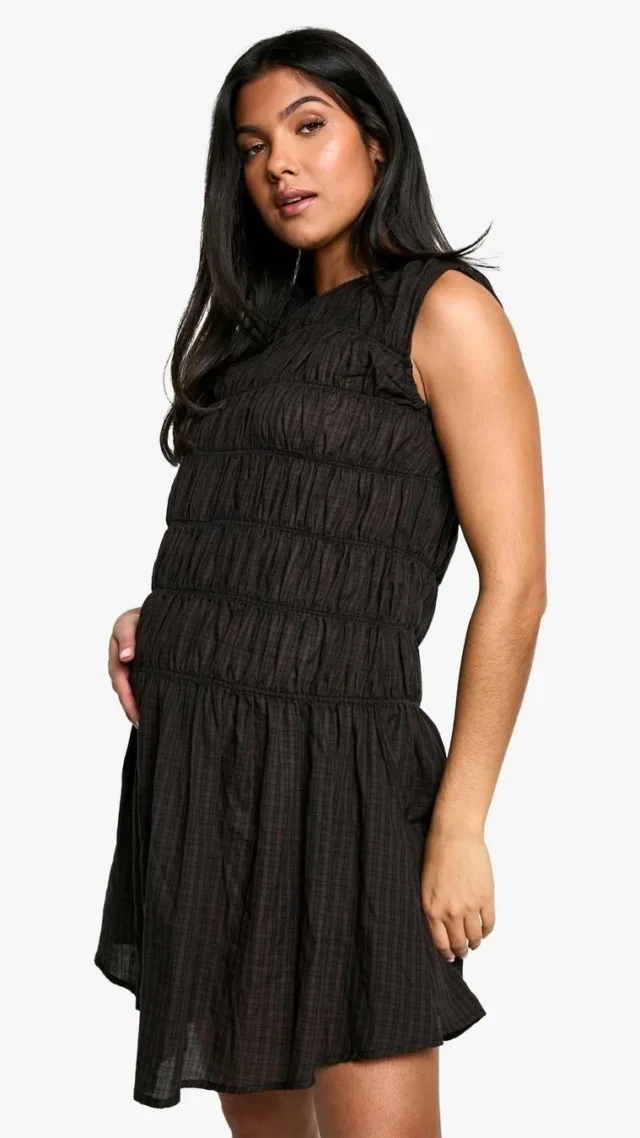 Dark Brown Maternity Shirred Mini Dress