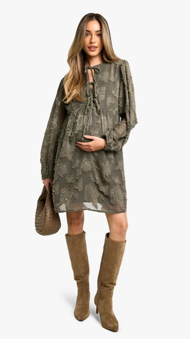 Dark Olive Maternity Tie Front Burn Out Long Sleeve Smock Dress