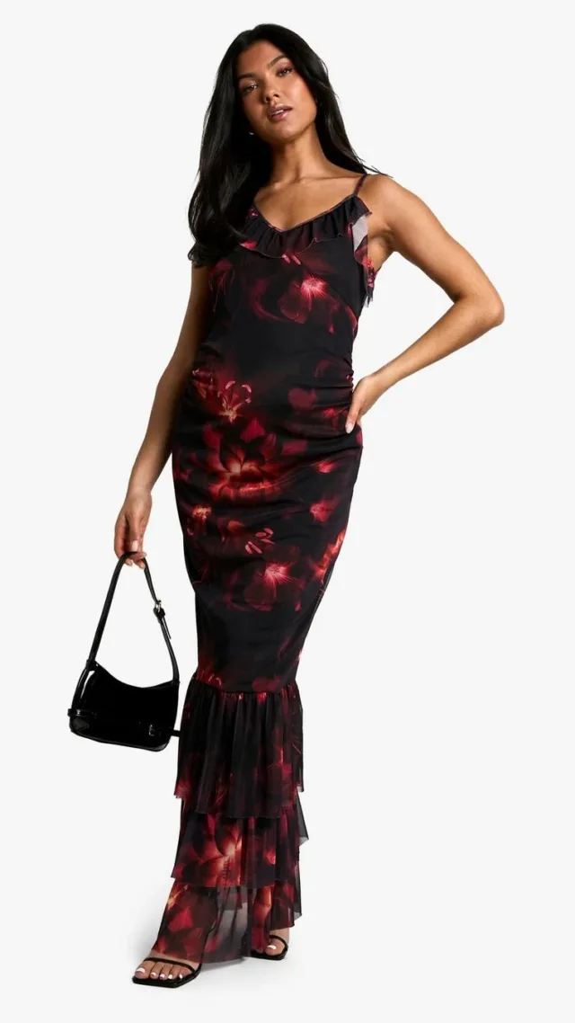 Dark Red Maternity Floral Print Mesh Ruffle Hem Detail Strappy Maxi Dress