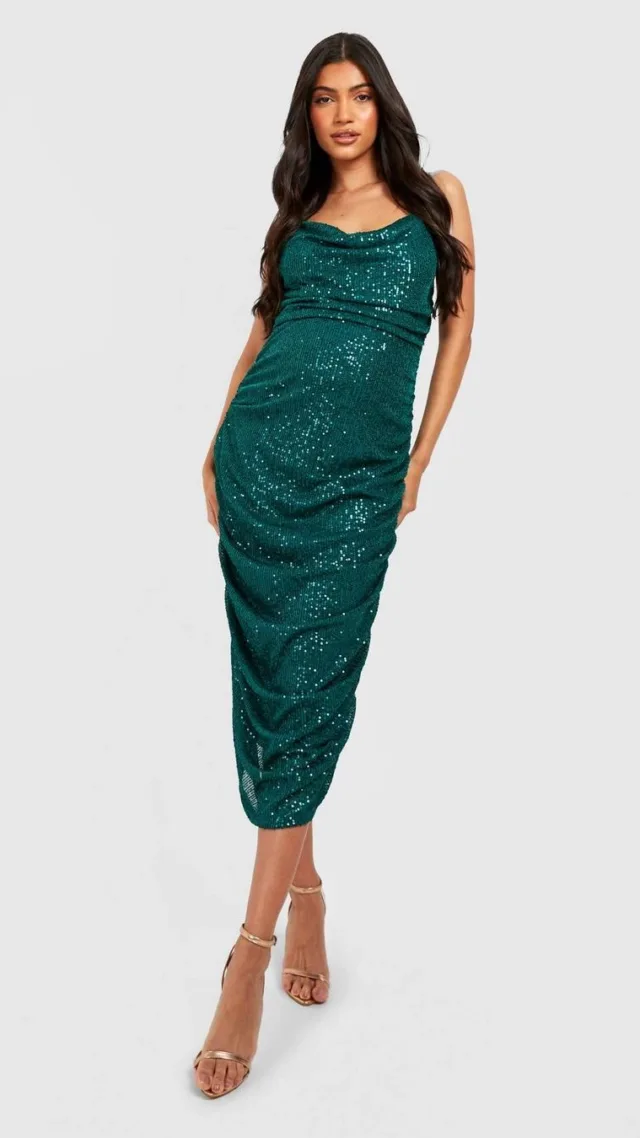 Emerald Maternity Sequin Cowl Neck Ruched Midi Dress