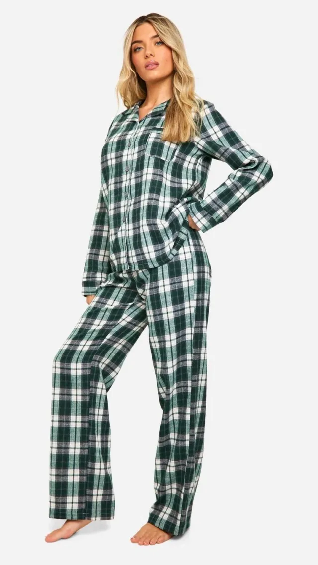 Green Christmas Soft Touch Check Button Through Shirt And Trouser Pyjama Set