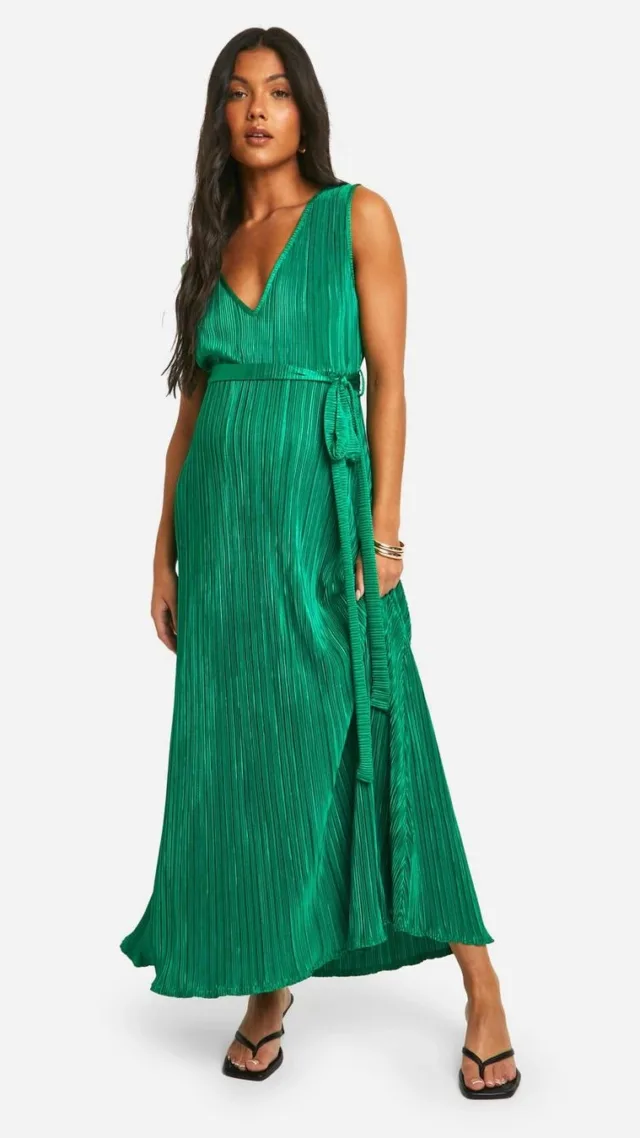 Green Maternity Plisse Belted V-Neck Midi Dress