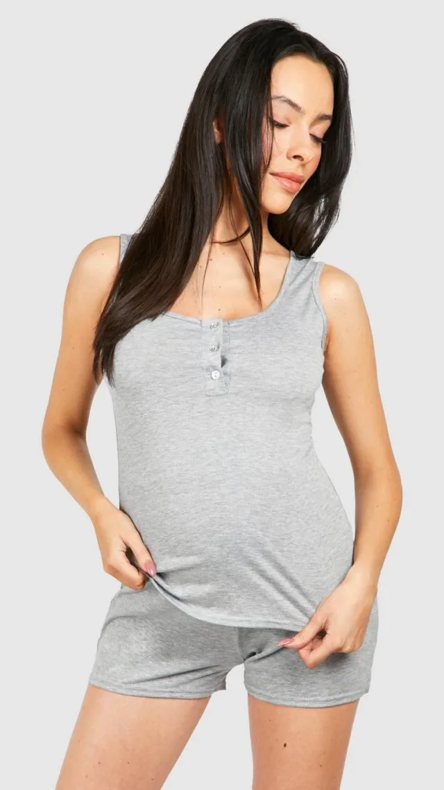 Grey Maternity Button Front Tank Top And Short Pajama Set