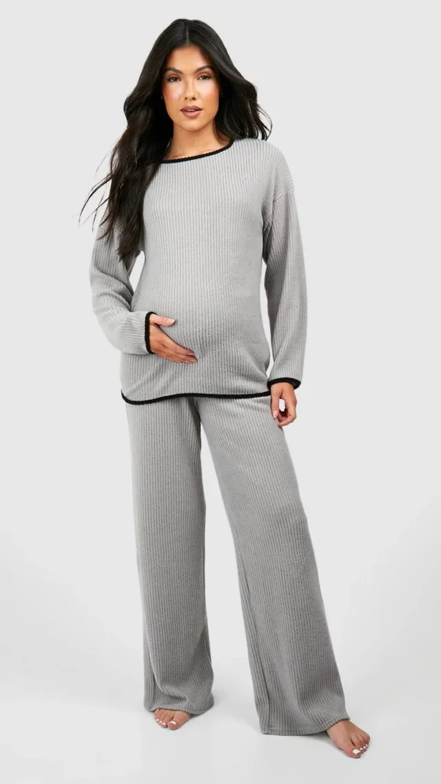 Grey Maternity Contrast Soft Rib Loungewear Set