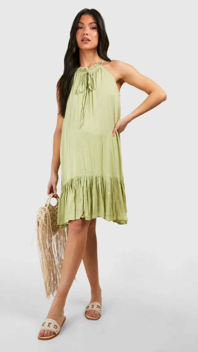 Khaki Maternity Cheesecloth Sleeveless Smock Dress