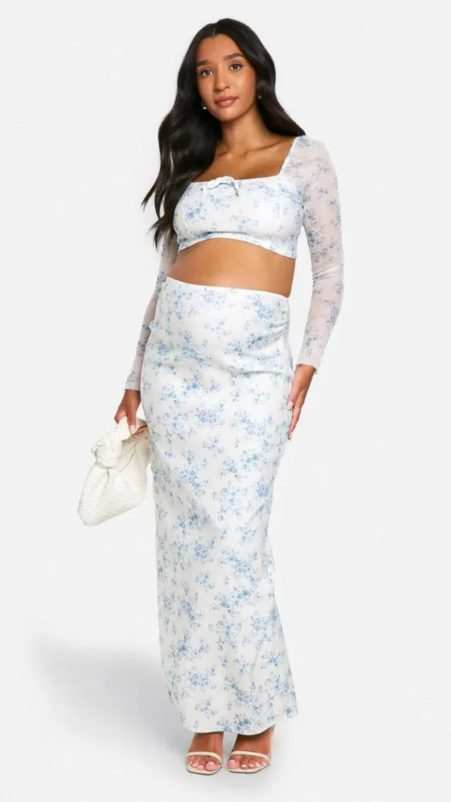 Light Blue Maternity Porcelain Print Bengaline Tie Front Blouse And Maxi Skirt Co-Ord