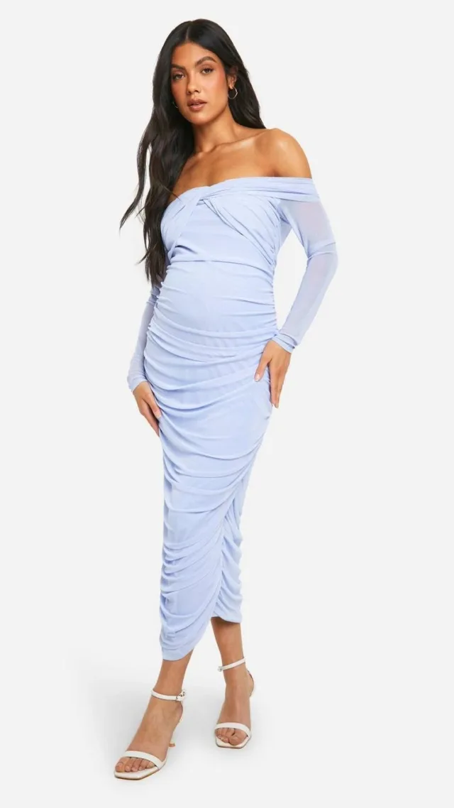 Light Blue Maternity Tie Front Mesh Off The Shoulder Midi Dress