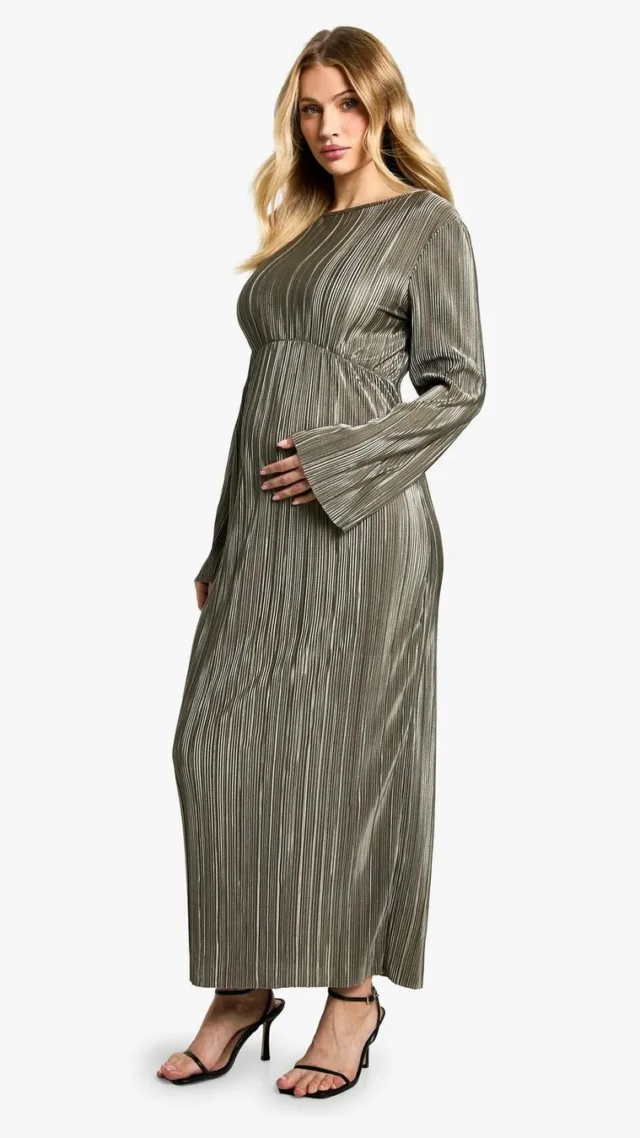 Light Khaki Maternity Plisse Batwing Midaxi Dress