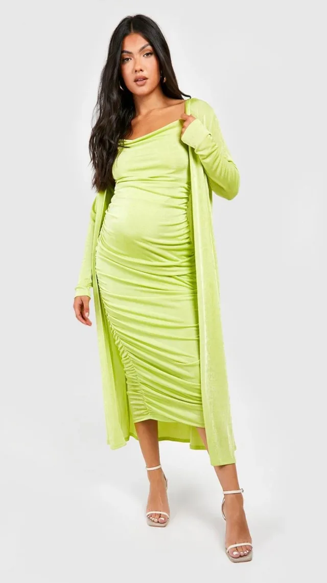 Lime Maternity Strappy Cowl Neck Dress And Duster Coat