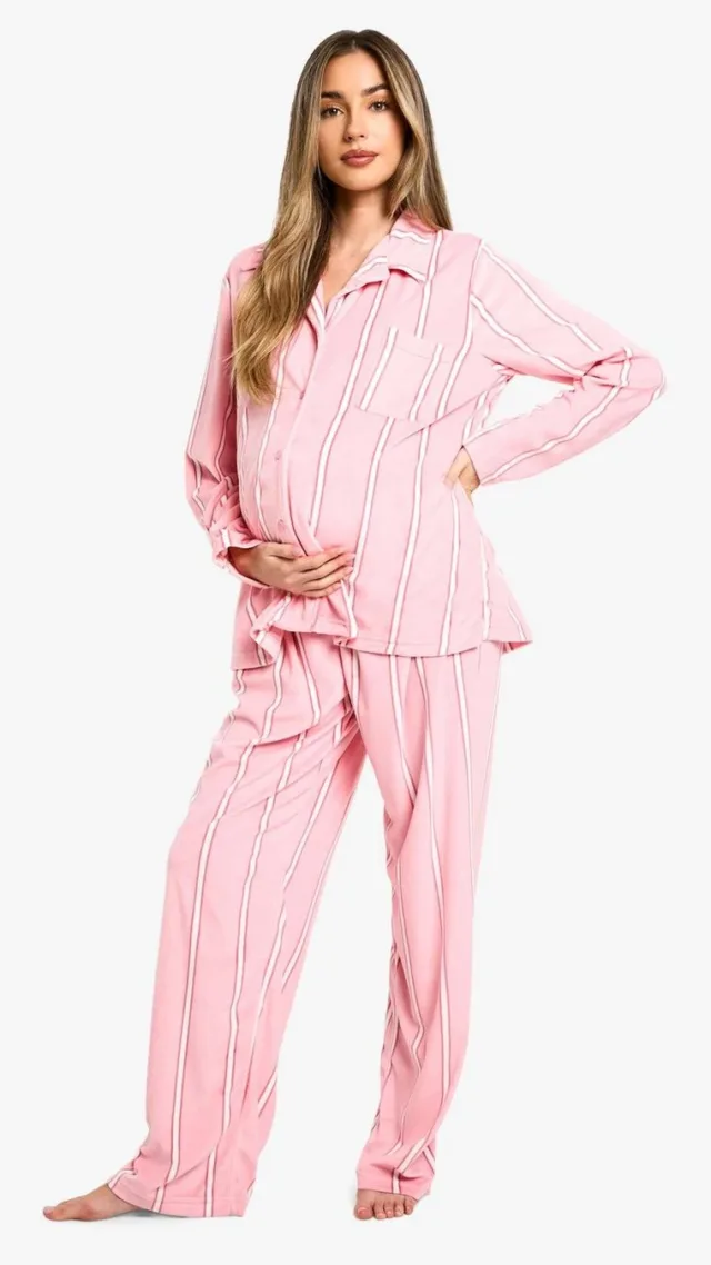 Maternity Pink Stripe Fleece Pyjama Set