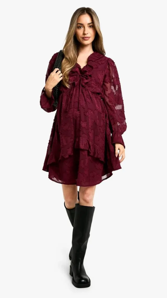 Merlot Maternity Burn Out Frill Detail Long Sleeve Mini Smock Dress