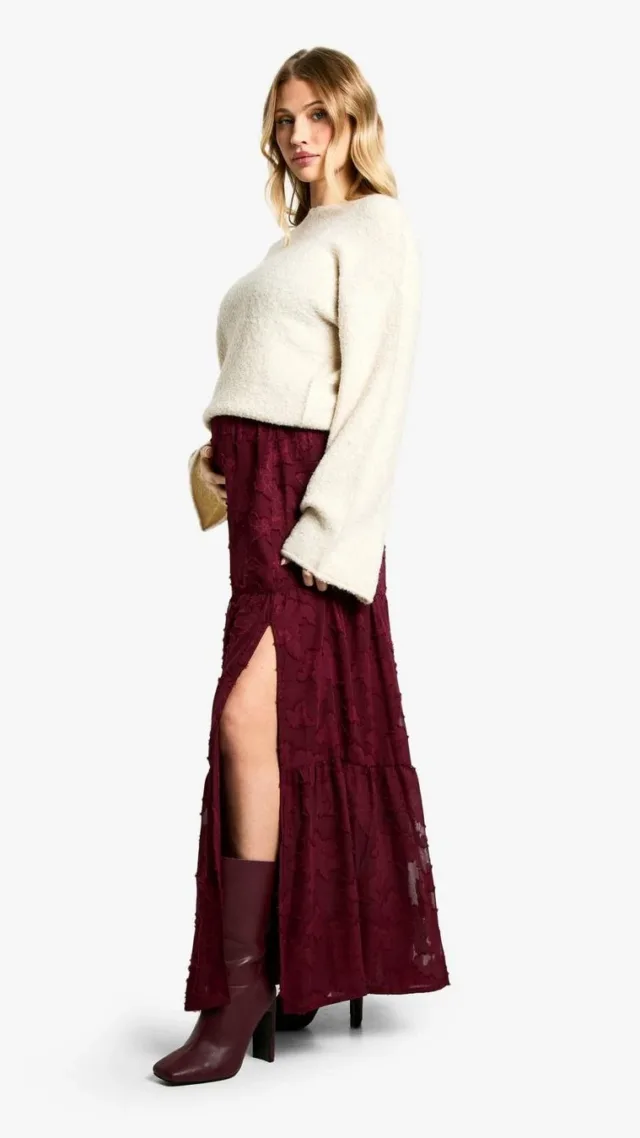 Merlot Maternity Burn Out Split Hem Floaty Maxi Skirt