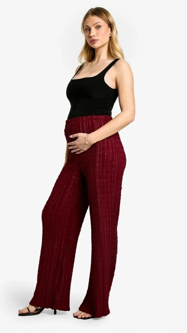 Merlot Maternity Textured Crinkle Wide Leg Trousers