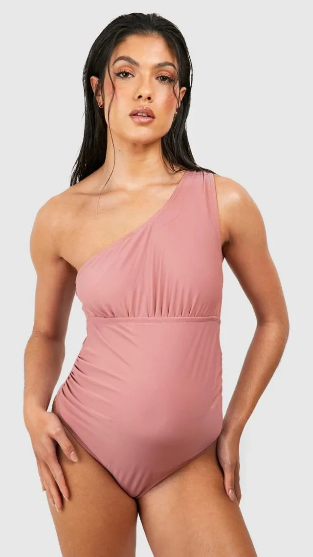 Mocha Maternity Ruched One Shoulder Swimsuit