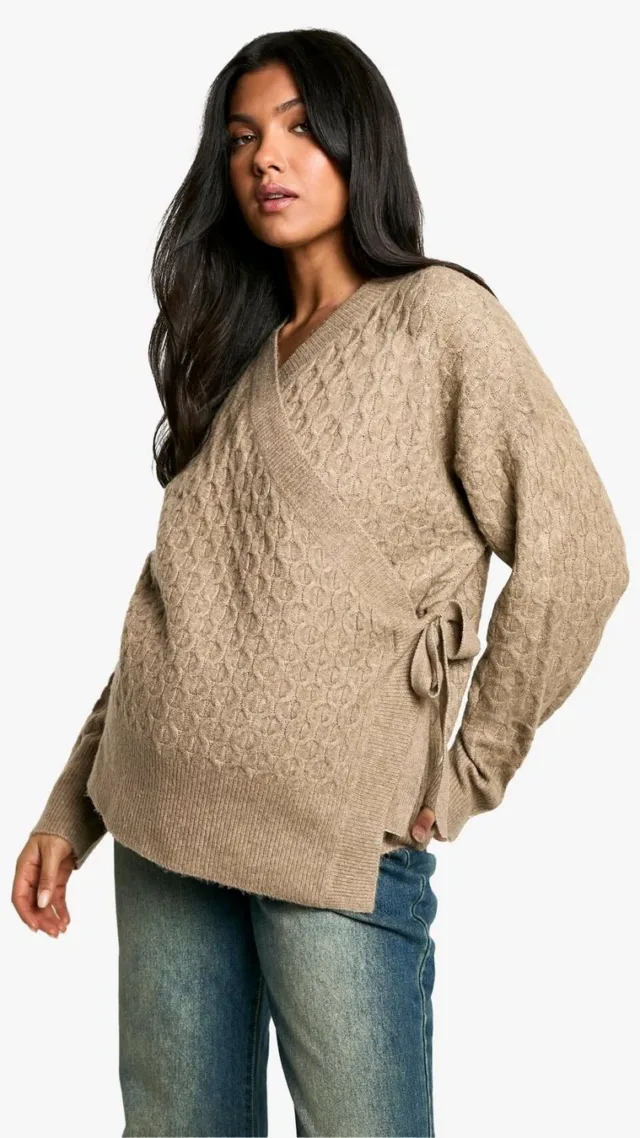 Mocha Maternity Soft Cable Knitted Wrap Cardigan