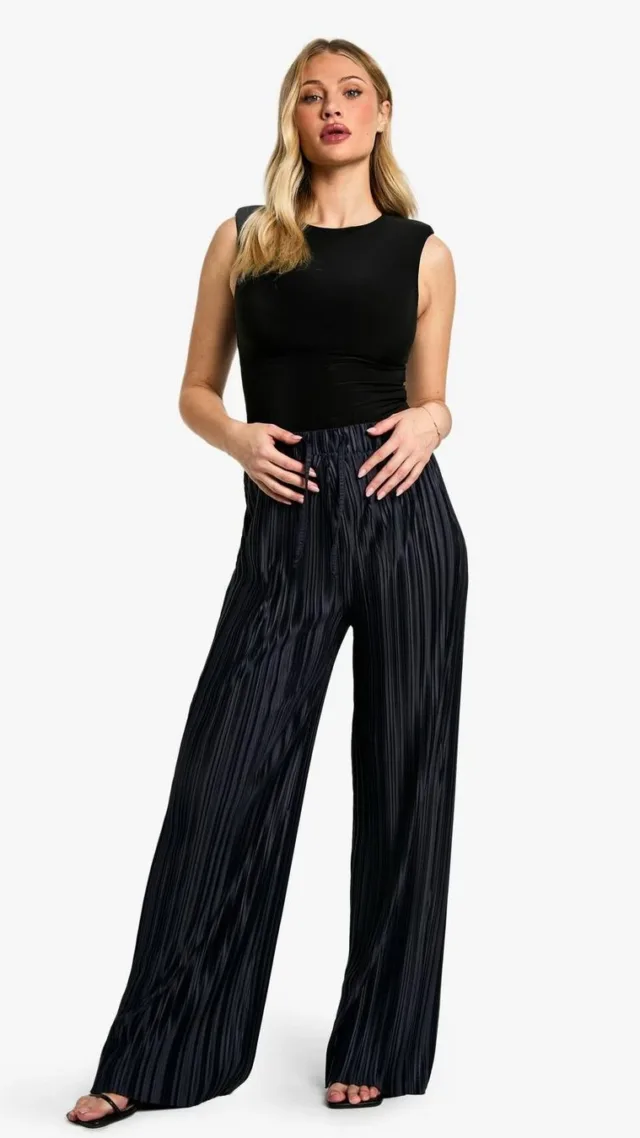 Navy Maternity Wide Plisse Elasticated Waist Drawstring Wide Leg Trouser