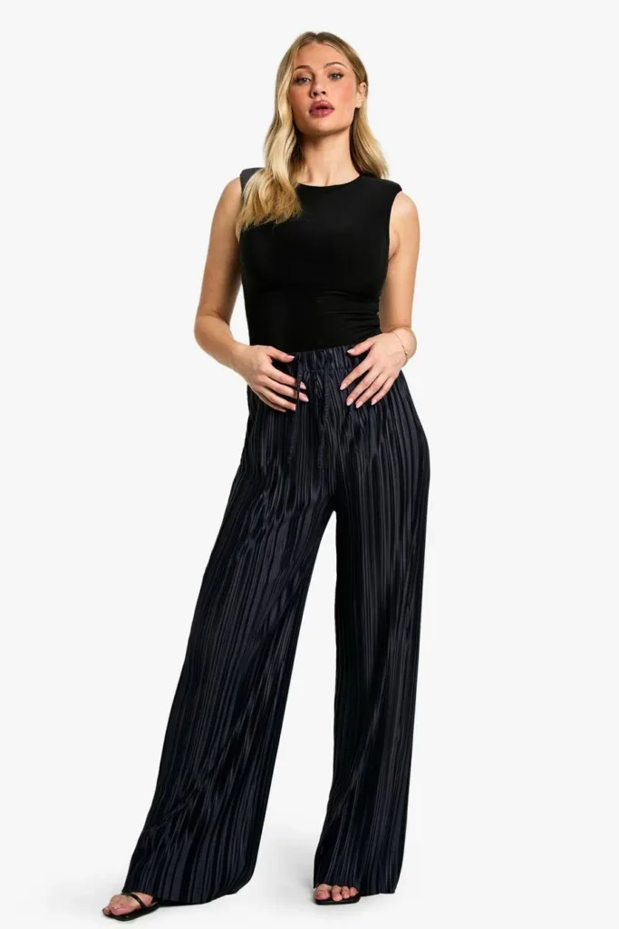 Navy Maternity Wide Plisse Elasticated Waist Drawstring Wide Leg Trouser