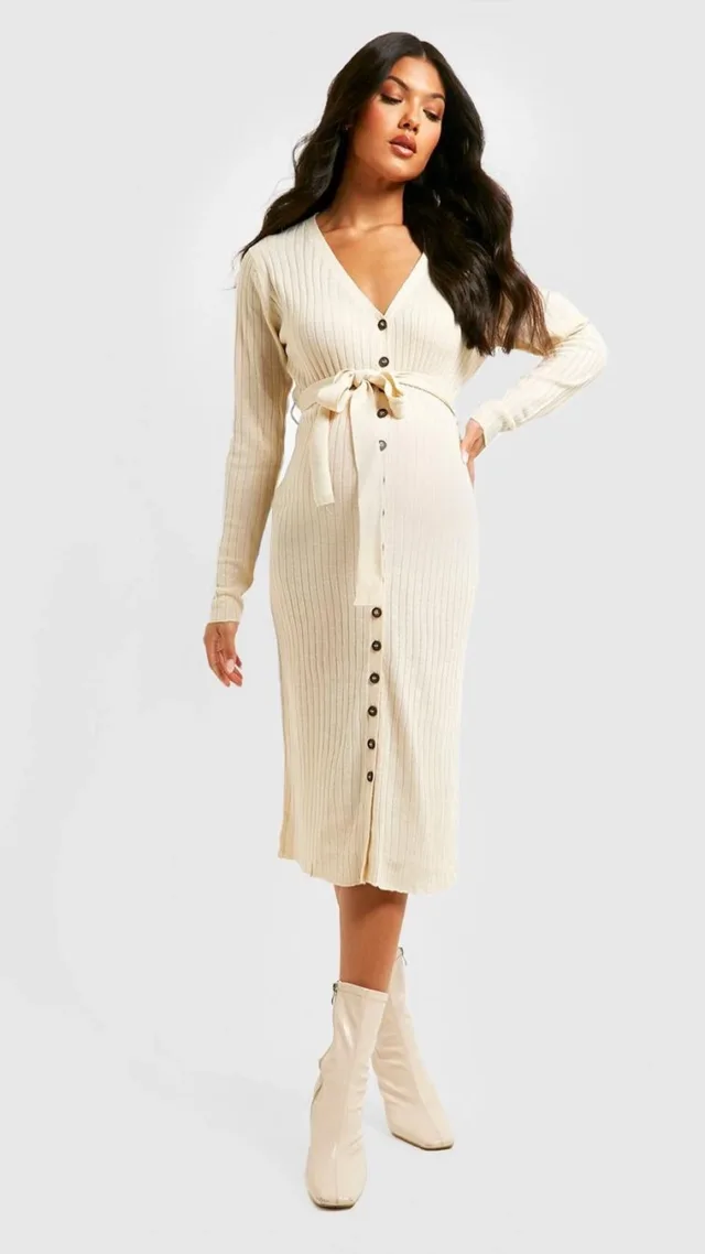 Oatmeal Maternity Button Down Knitted Midi Dress