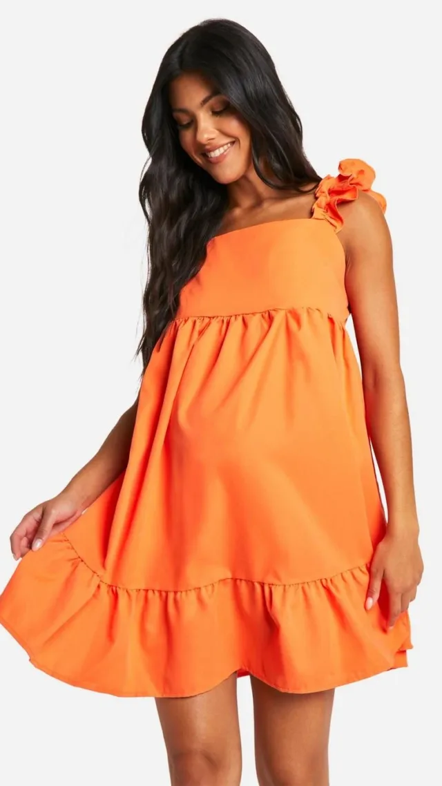 Orange Maternity Frill Sleeve Smock Mini Dress